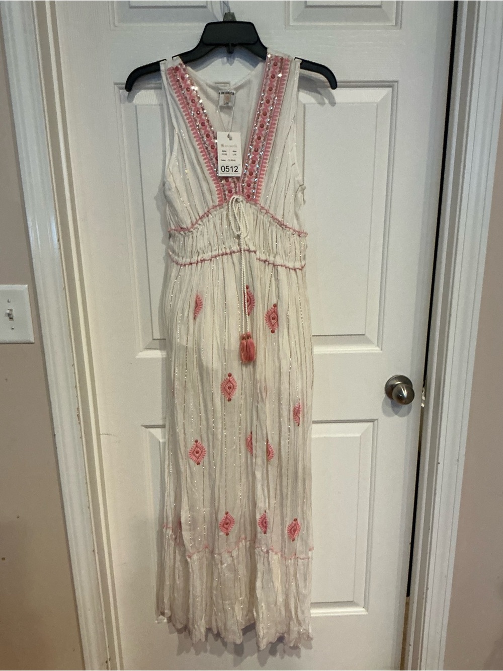 Embroidered Boho Maxi Dress - White with Pink Accents